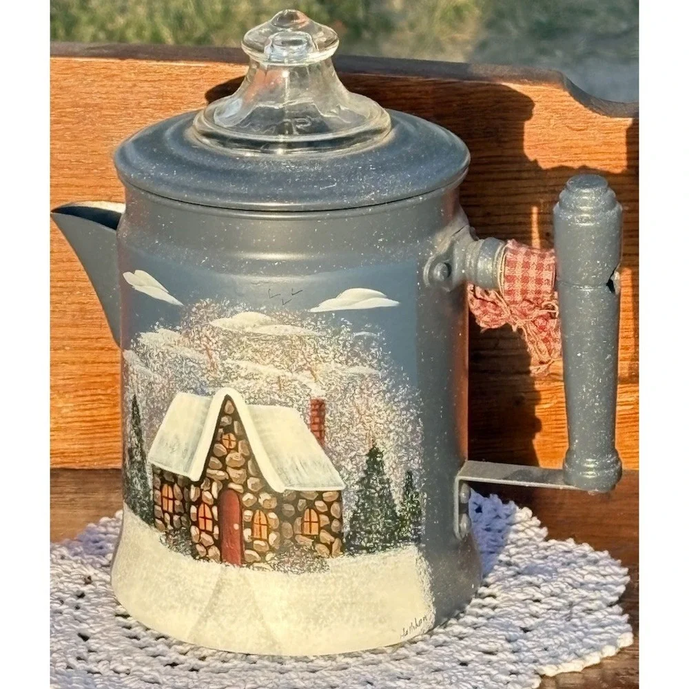 Vtg Light Blue Metal Pyres Coffee Pot Perculator Hand Painted Winter Home Scene
